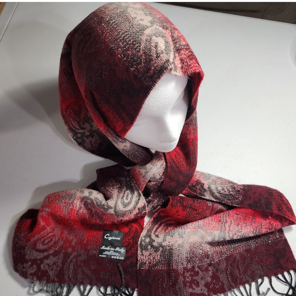 Cejon Scarf Made in Italy Red Grey Paisley Jacquard Fringed Acrylic Wrap